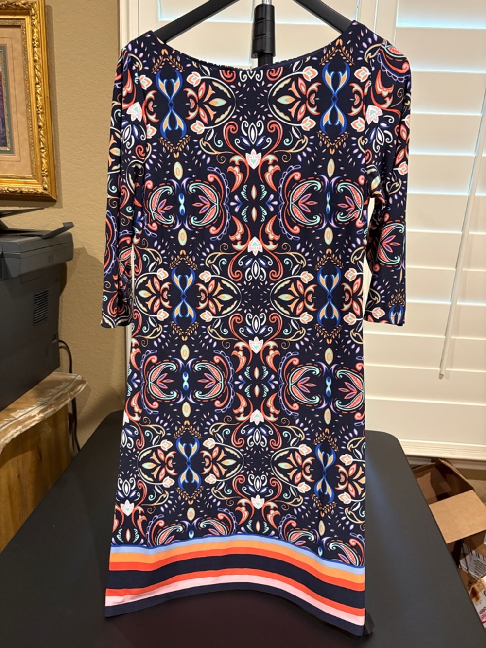 Vince Camuto Navy Floral Motif Shift Dress with Coral & Blue Accents